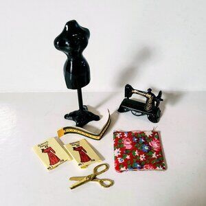 Vintage Dollhouse Miniature Dress Form Tailor's Set, And Treadle Sewing Machine